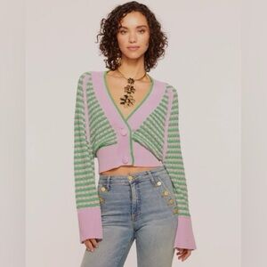 Ramy Brooks cotton blend Striped Pink and Green Women's cropped Sweater cardigan